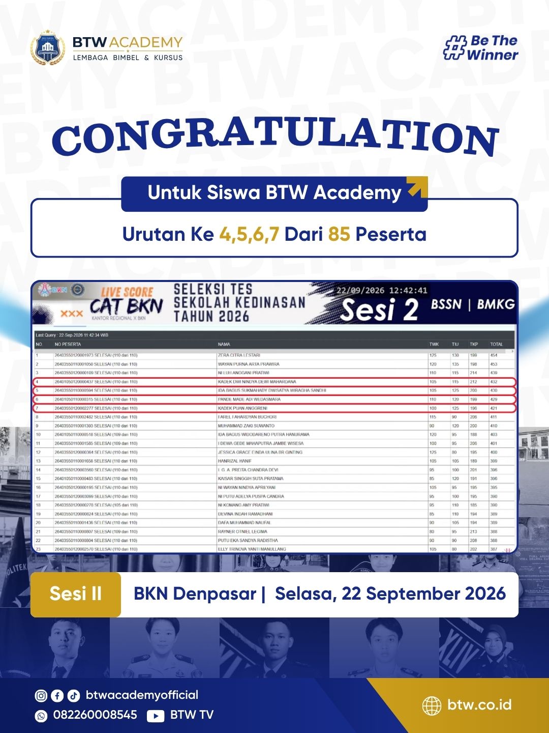 Live score CAT BKN SKD 2026, 22 Sep, Sesi 2, Denpasar
