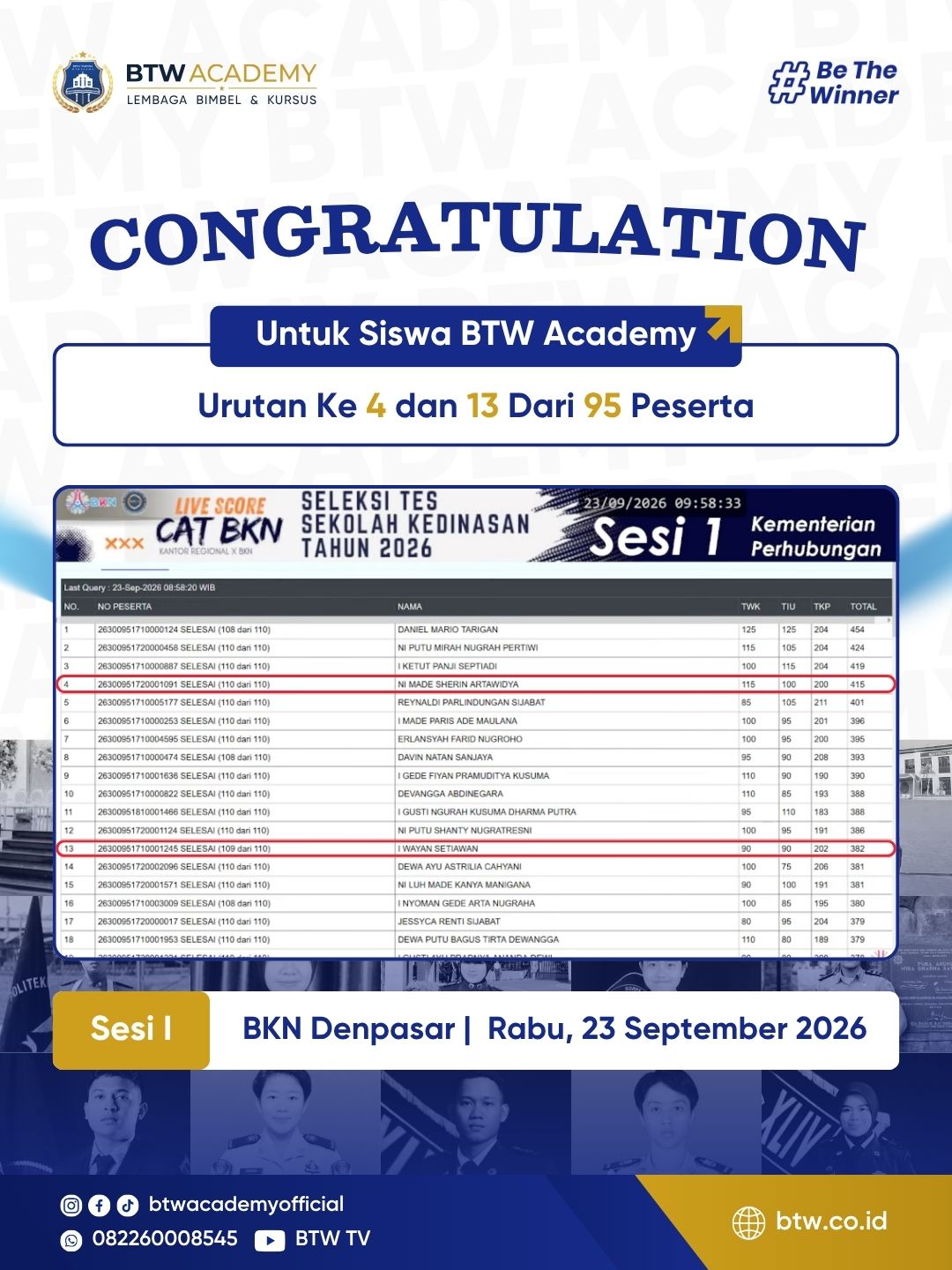 Live score CAT BKN SKD 2026, 23 Sep, Sesi 1, Denpasar