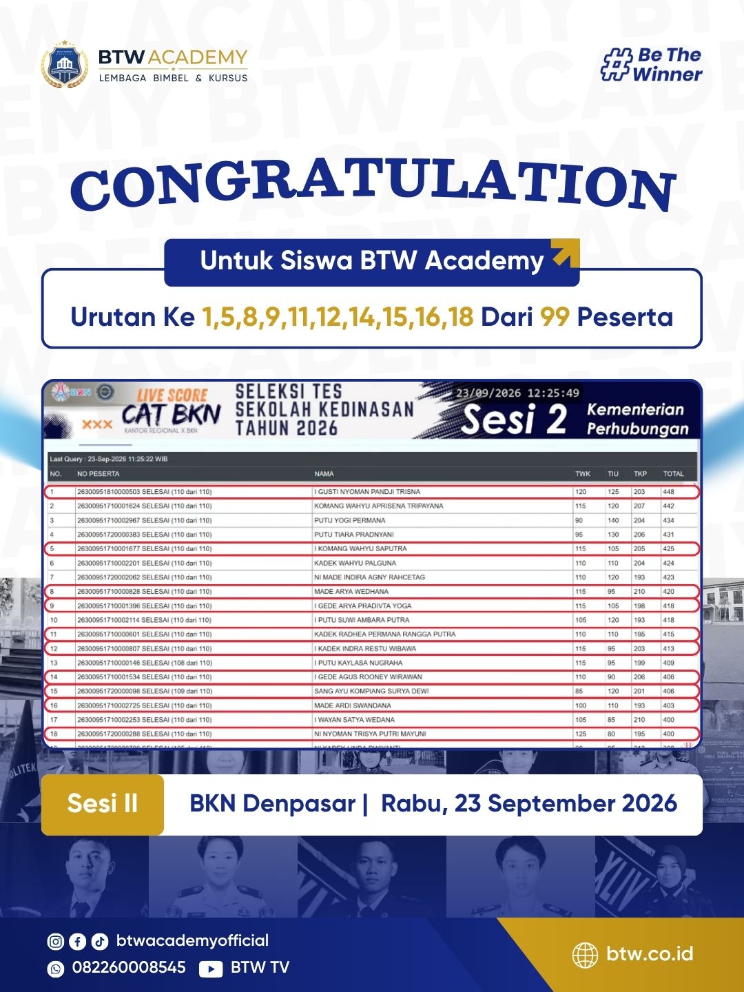 Live score CAT BKN SKD 2026, 23 Sep, Sesi 2, Denpasar