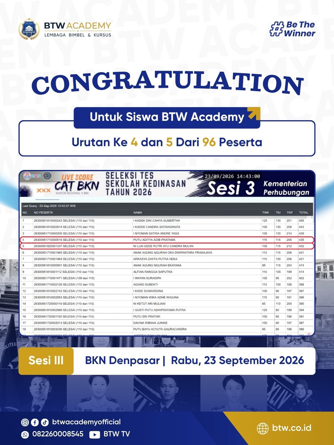 Live score CAT BKN SKD 2026, 23 Sep, Sesi 3, Denpasar