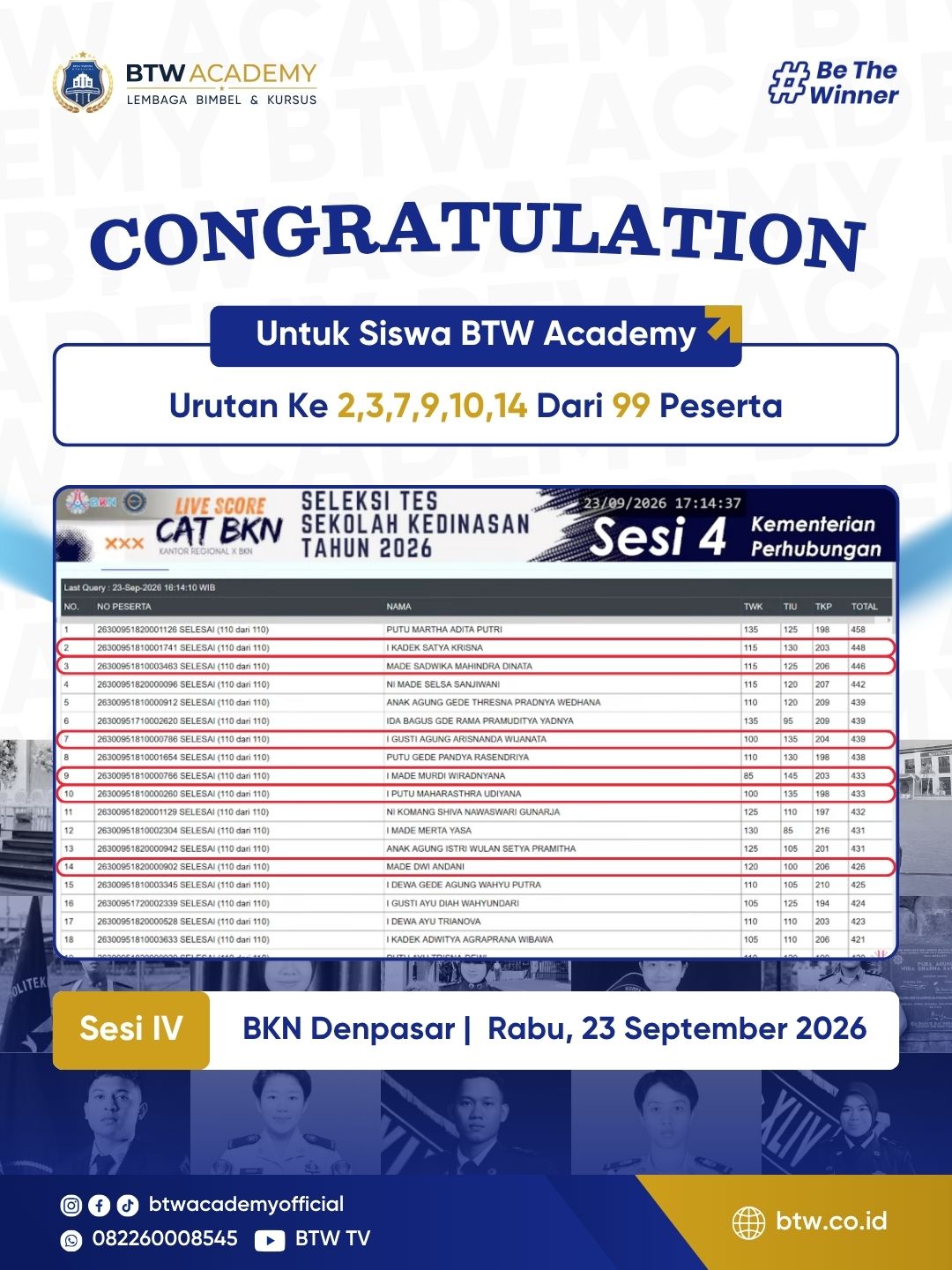 Live score CAT BKN SKD 2026, 23 Sep, Sesi 4, Denpasar
