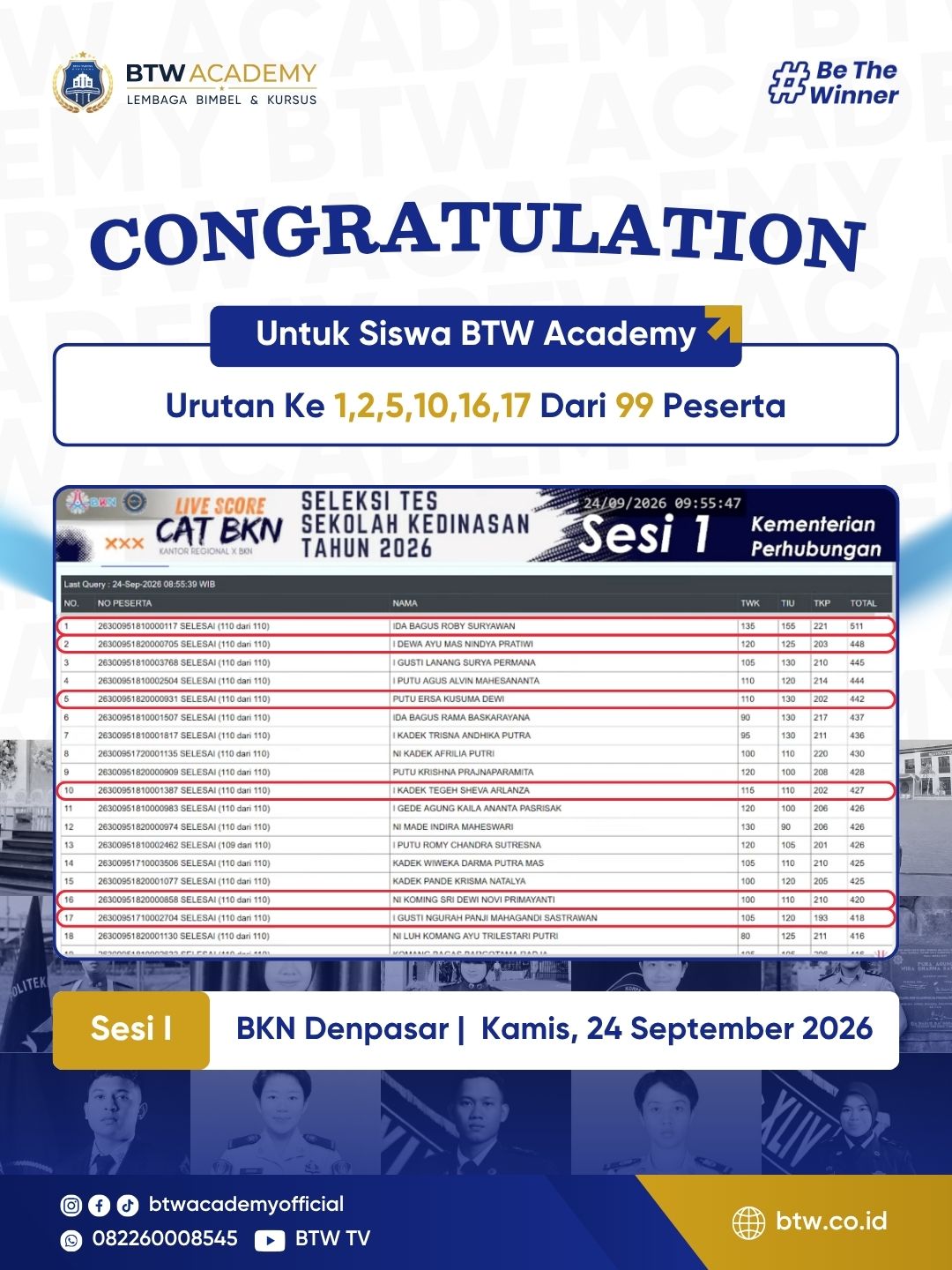 Live score CAT BKN SKD 2026, 24 Sep, Sesi 1, Denpasar