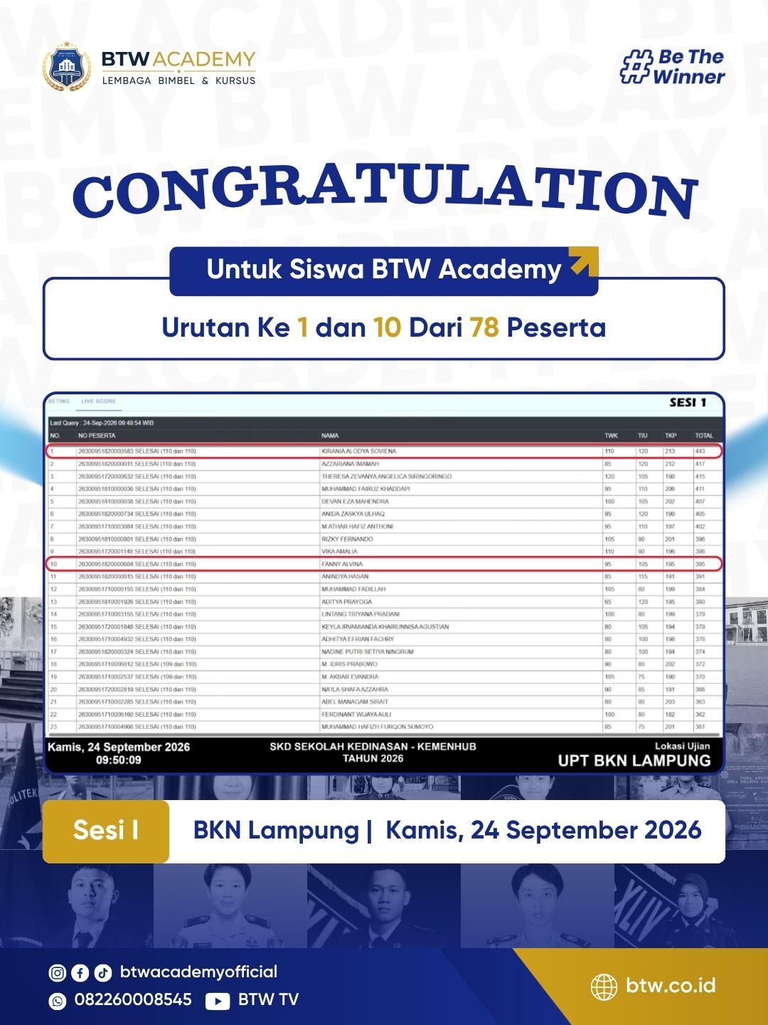 Live score CAT BKN SKD 2026, 24 Sep, Sesi 1, Lampung