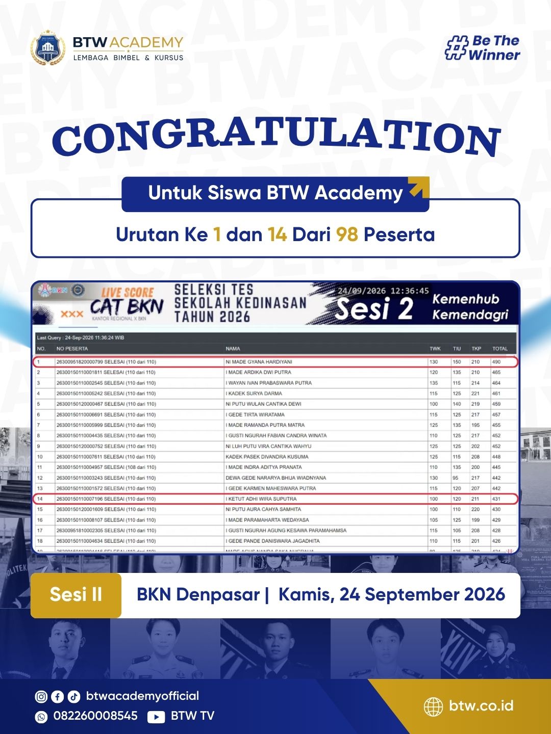 Live score CAT BKN SKD 2026, 24 Sep, Sesi 2, Denpasar