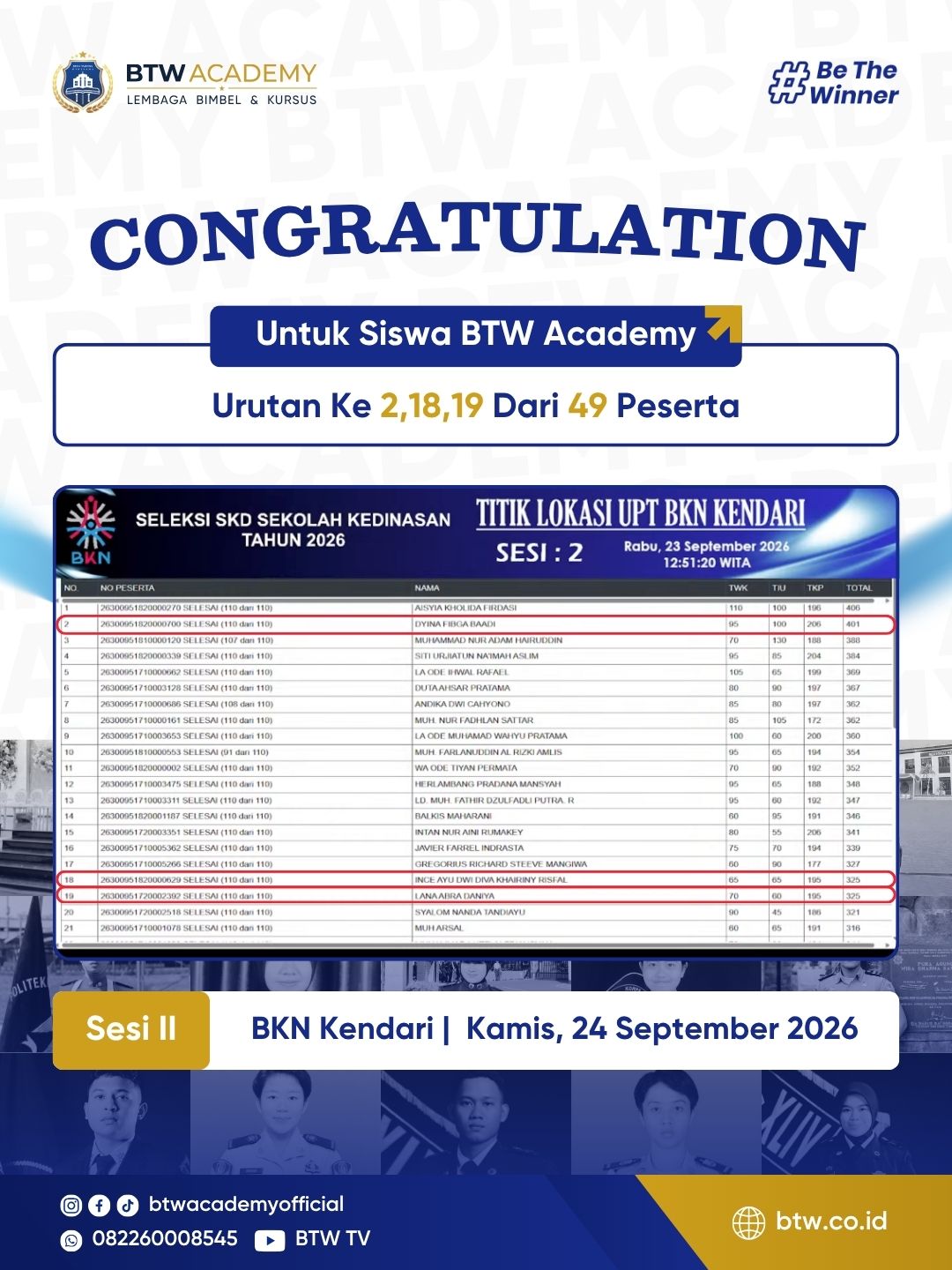 Live score CAT BKN SKD 2026, 24 Sep, Sesi 2, Kendari