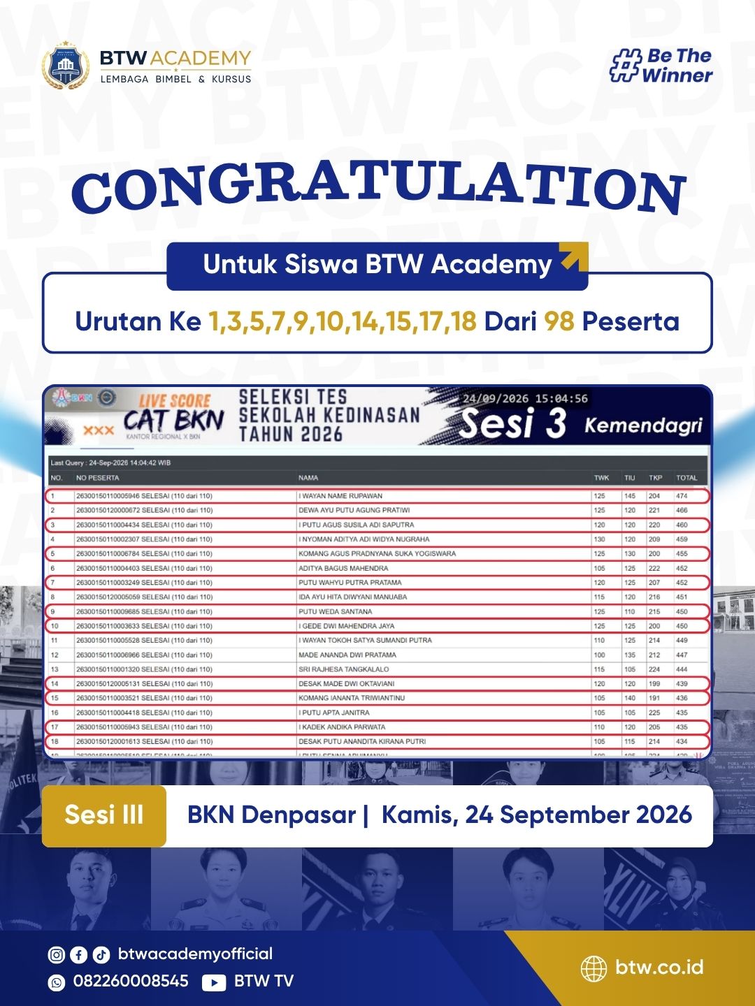 Live score CAT BKN SKD 2026, 24 Sep, Sesi 3, Denpasar