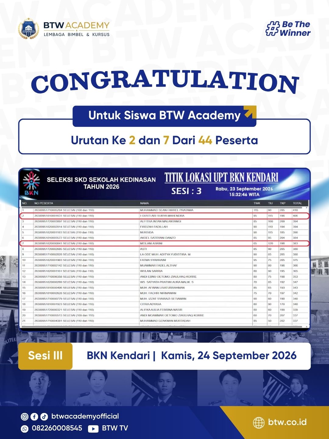 Live score CAT BKN SKD 2026, 24 Sep, Sesi 3, Kendari