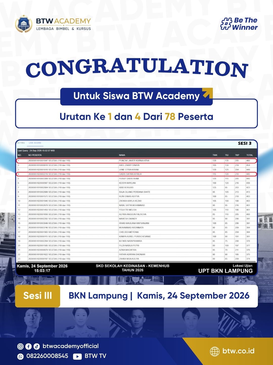 Live score CAT BKN SKD 2026, 24 Sep, Sesi 3, Lampung