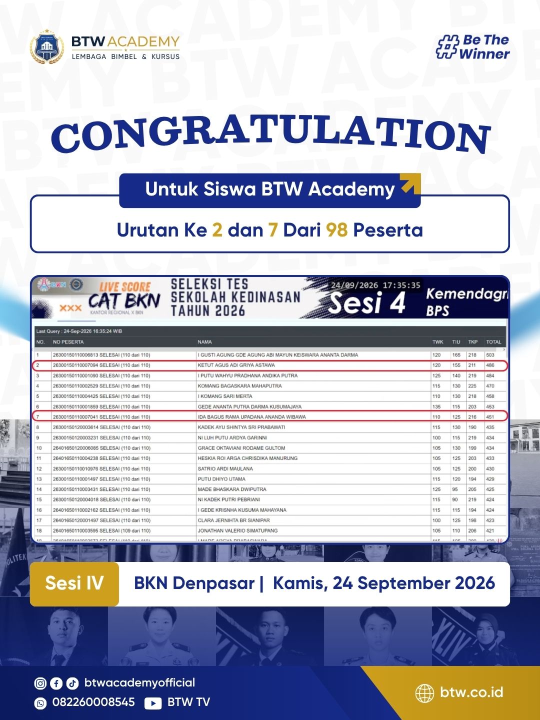 Live score CAT BKN SKD 2026, 24 Sep, Sesi 4, Denpasar