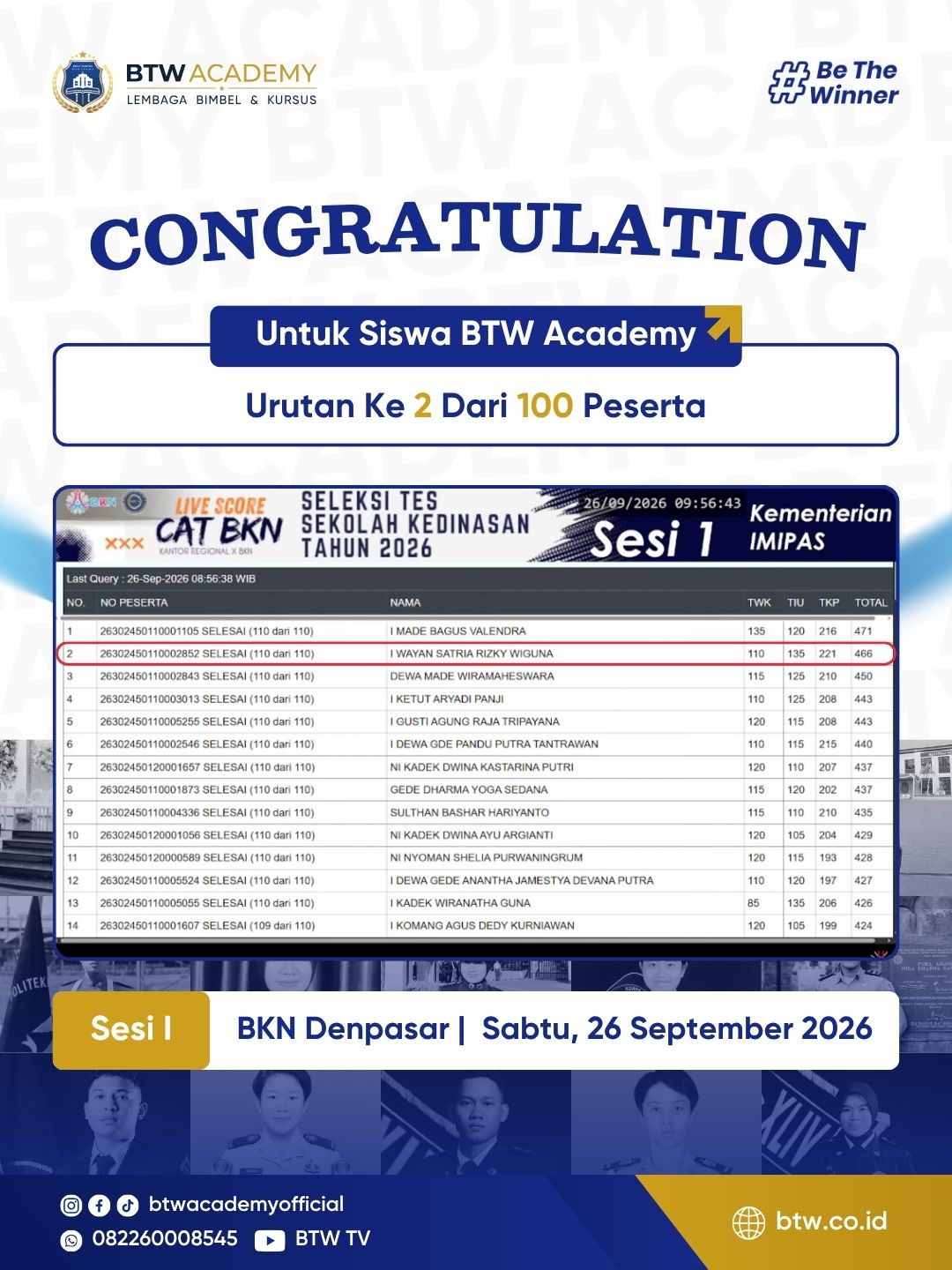 Live score CAT BKN SKD 2026, 26 Sep, Sesi 1, Denpasar